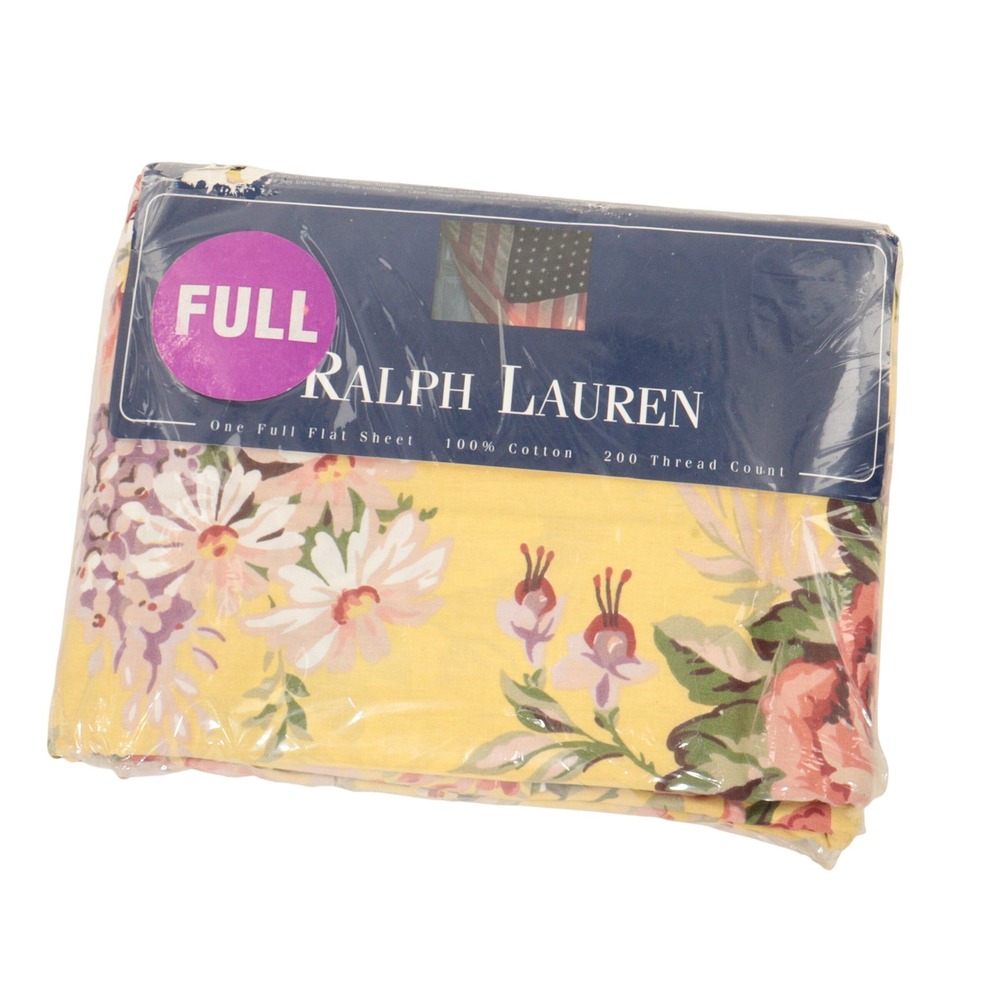 VTG Ralph Lauren Flat Sheet Full 200 Thread Brooke Flor Floral Yellow Cotton New